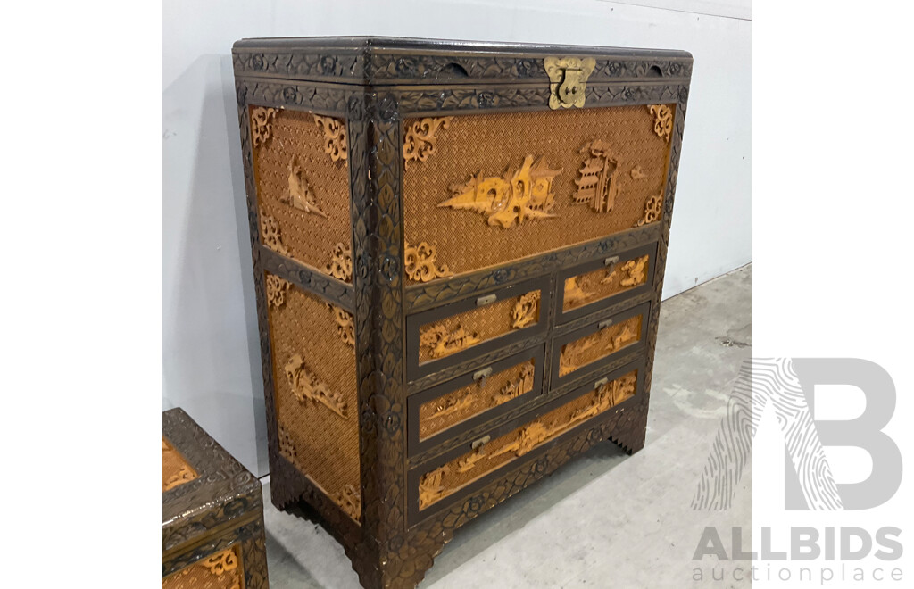 Vintage Chinese Carved Camphor Wood Cabinet with Chest