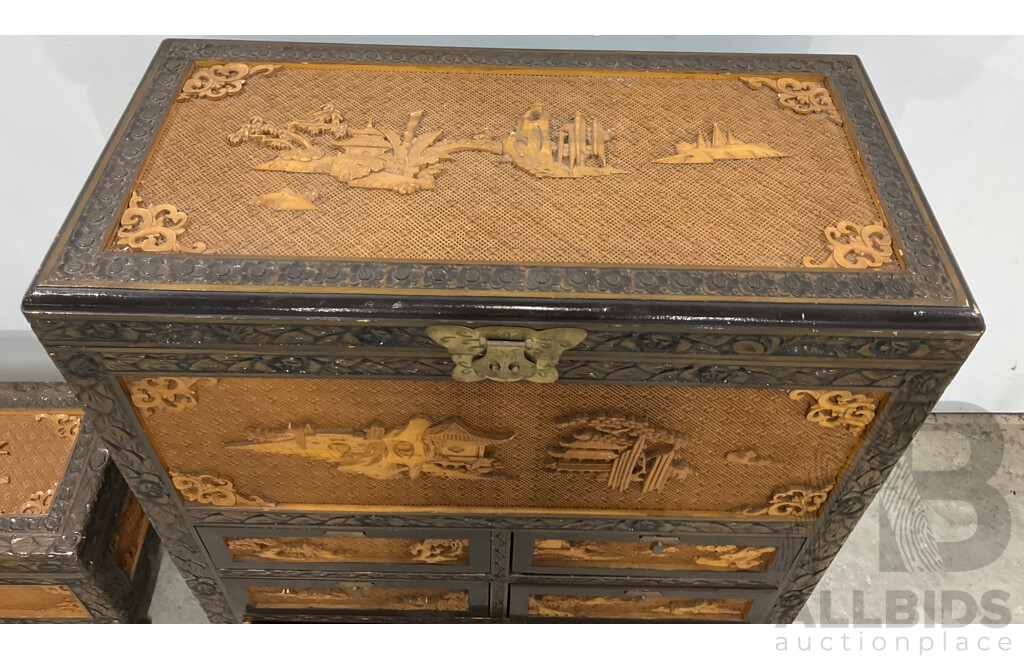 Vintage Chinese Carved Camphor Wood Cabinet with Chest