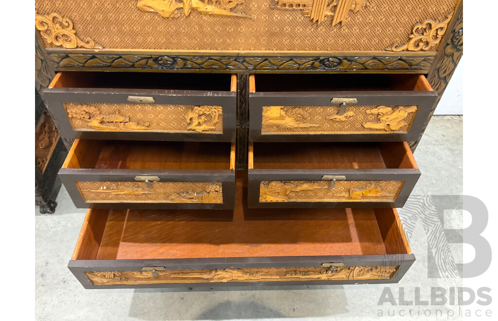 Vintage Chinese Carved Camphor Wood Cabinet with Chest