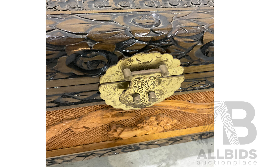 Vintage Chinese Carved Camphor Wood Cabinet with Chest