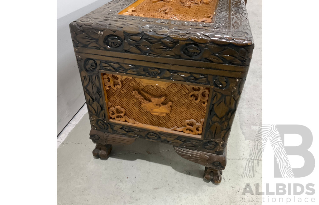 Vintage Chinese Carved Camphor Wood Cabinet with Chest