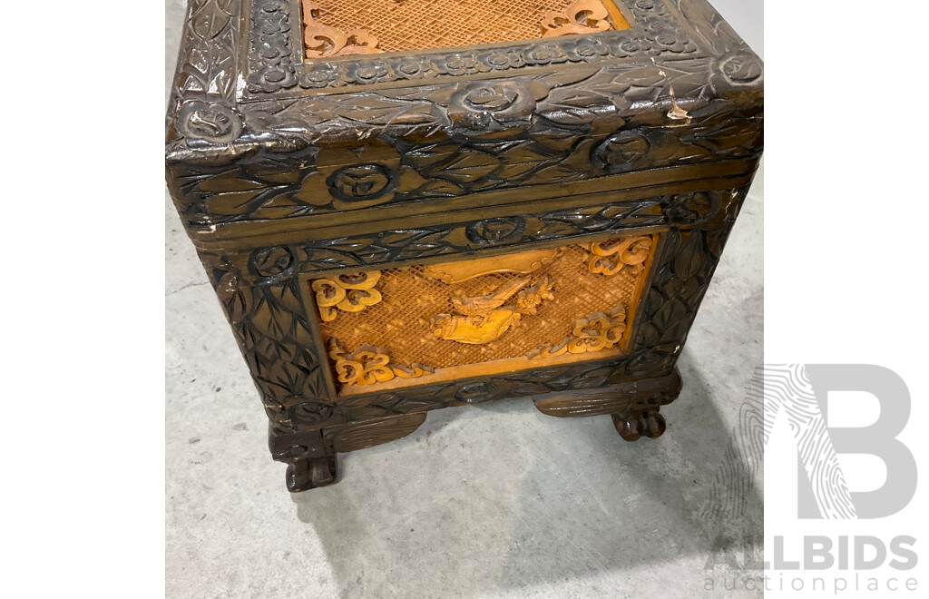 Vintage Chinese Carved Camphor Wood Cabinet with Chest