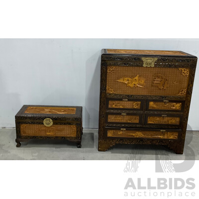 Vintage Chinese Carved Camphor Wood Cabinet with Chest