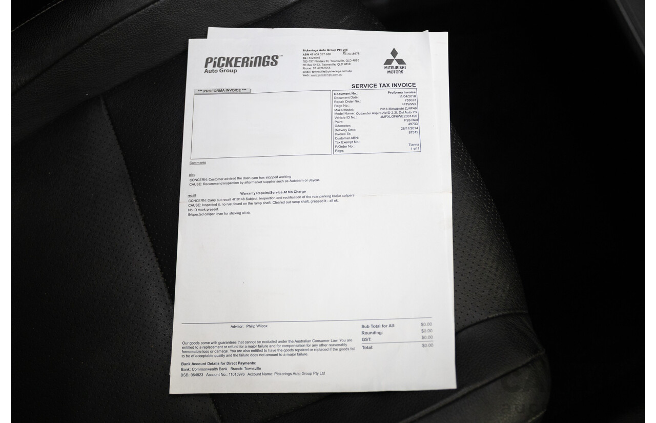 11/2014 Mitsubishi Outlander Aspire (AWD) ZJ MY14.5 4D Wagon Rally Red Metallic Turbo Diesel 2.3L