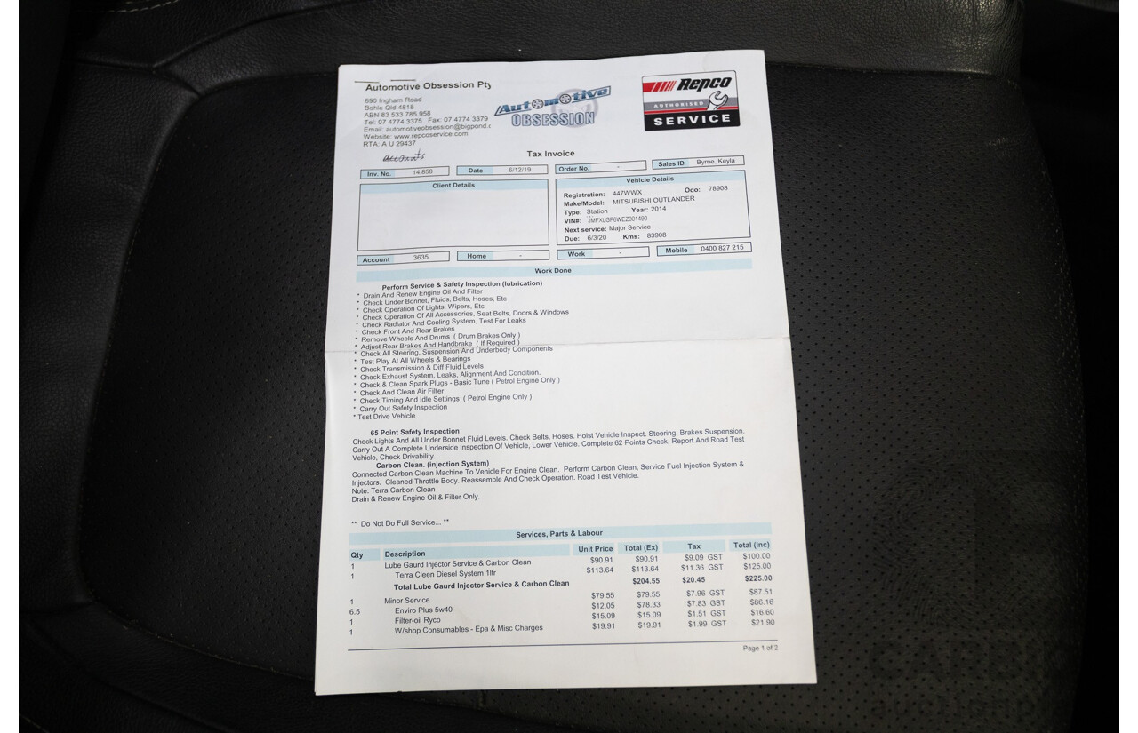 11/2014 Mitsubishi Outlander Aspire (AWD) ZJ MY14.5 4D Wagon Rally Red Metallic Turbo Diesel 2.3L