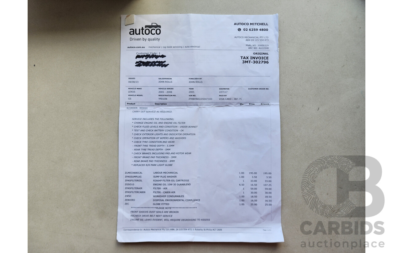 9/2006 Lexus Gs300 Sport Luxury GRS190R 4d Sedan White 3.0L