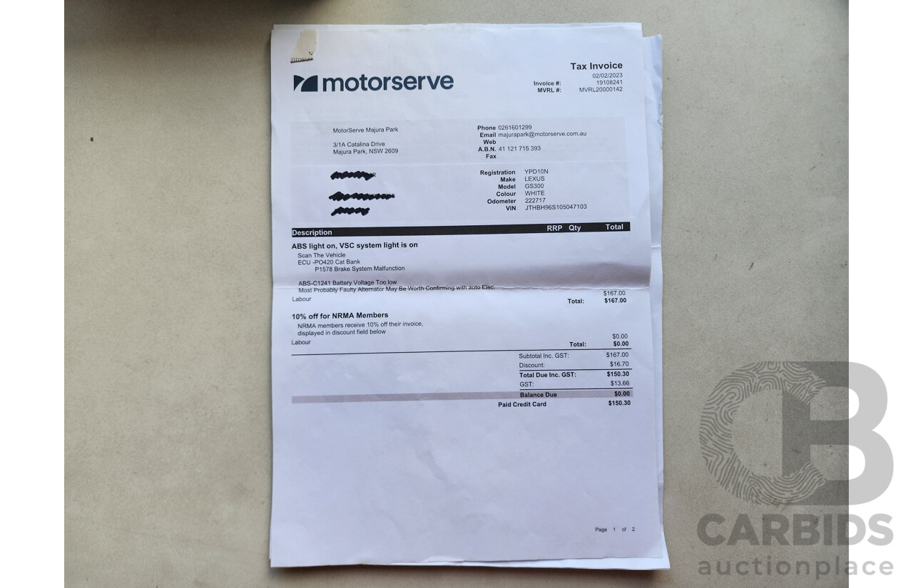 9/2006 Lexus Gs300 Sport Luxury GRS190R 4d Sedan White 3.0L