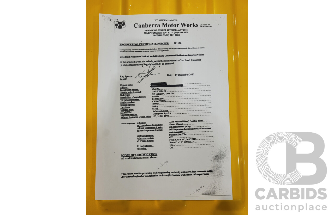 11/1984 Datsun 1200 B120 2d Utility Yellow CA18 Turbo 1.8L - Engineered