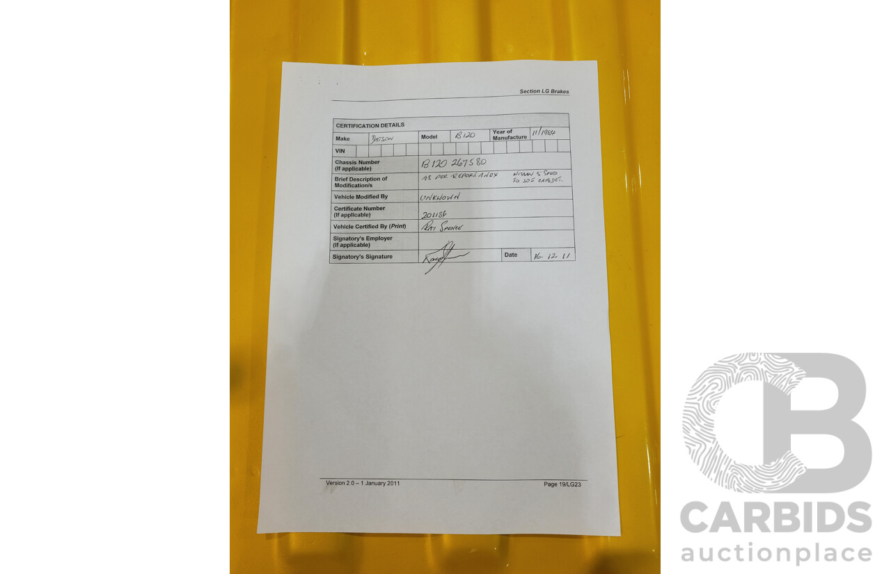 11/1984 Datsun 1200 B120 2d Utility Yellow CA18 Turbo 1.8L - Engineered