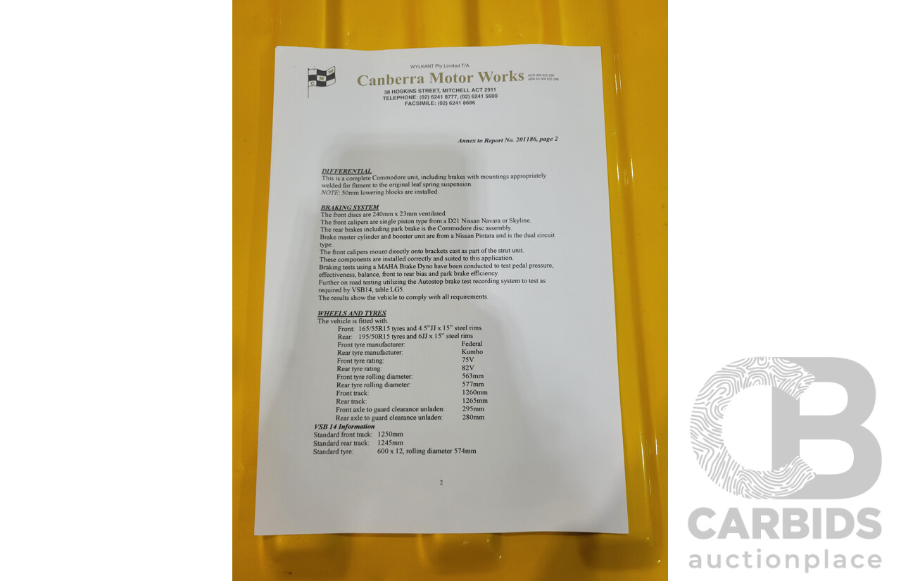 11/1984 Datsun 1200 B120 2d Utility Yellow CA18 Turbo 1.8L - Engineered