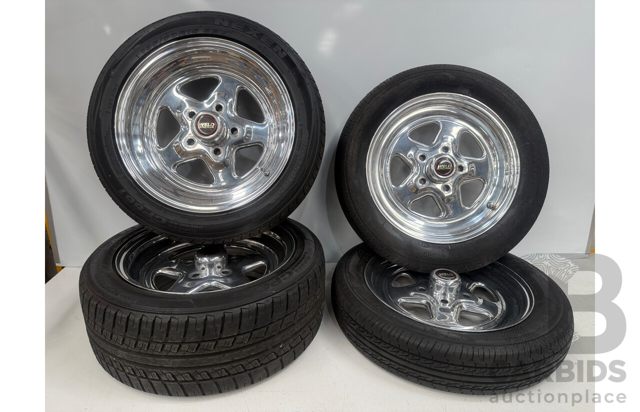 Set of 4x 15 Inch Weld Racing Rims & Tyres to 5 Stud to Suit Ford Front 135R15 + Rear 195 50 R15 + Full Set of Wheel Nuts