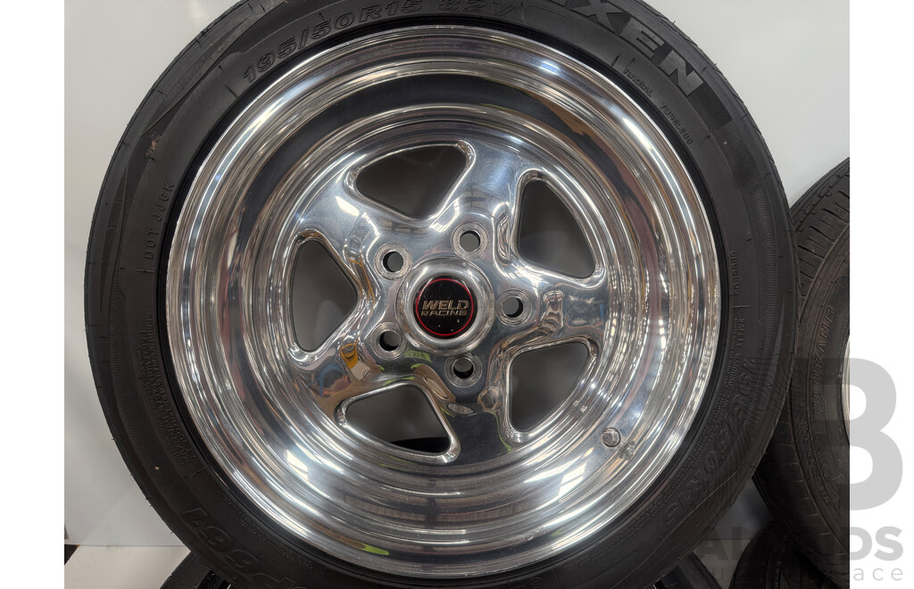 Set of 4x 15 Inch Weld Racing Rims & Tyres to 5 Stud to Suit Ford Front 135R15 + Rear 195 50 R15 + Full Set of Wheel Nuts