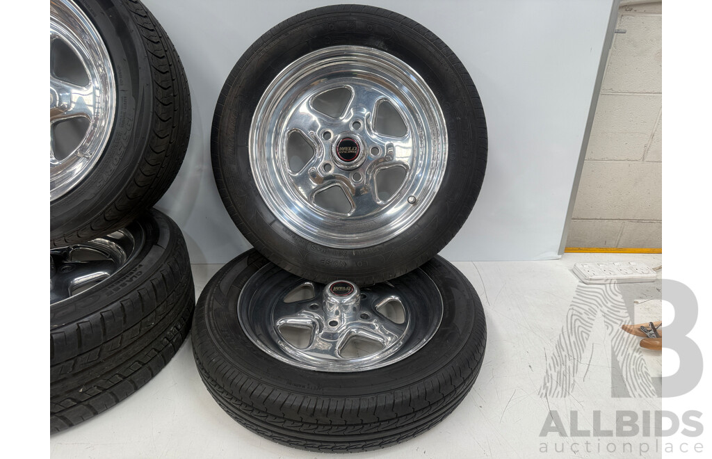 Set of 4x 15 Inch Weld Racing Rims & Tyres to 5 Stud to Suit Ford Front 135R15 + Rear 195 50 R15 + Full Set of Wheel Nuts