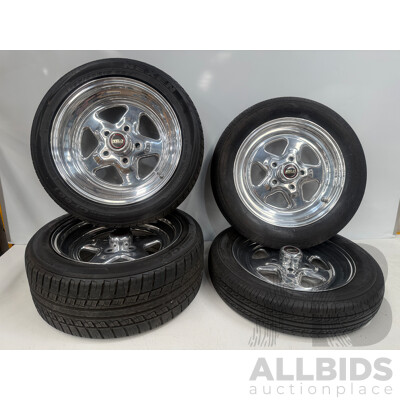 Set of 4x 15 Inch Weld Racing Rims & Tyres to 5 Stud to Suit Ford Front 135R15 + Rear 195 50 R15 + Full Set of Wheel Nuts