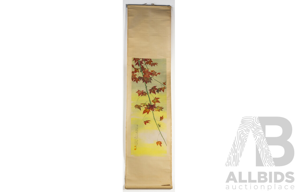 Houang Youmei (20th Century, Asian School), Autumn Wind, Original Vintage Colour Ink and Wash, 178 x 43 cm (scroll)