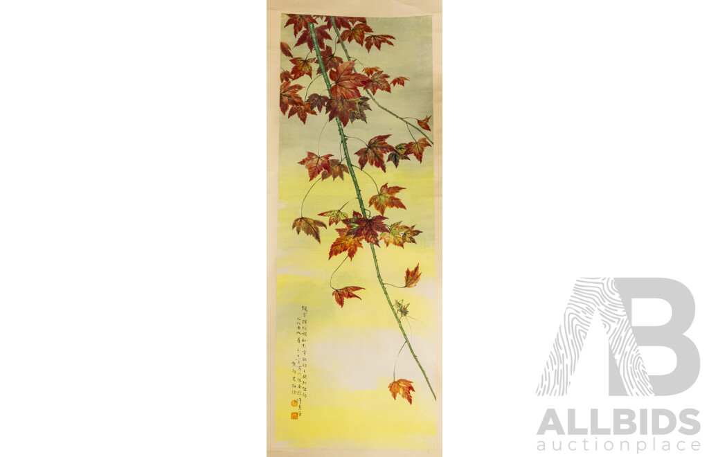 Houang Youmei (20th Century, Asian School), Autumn Wind, Original Vintage Colour Ink and Wash, 178 x 43 cm (scroll)