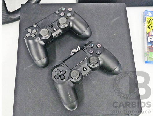 Sony Playstation 4 Pro Game Console W/ Racing Equipment, Controllers & Games