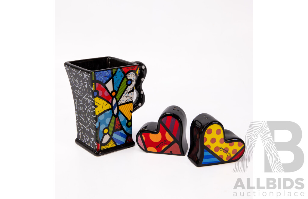 Pair of Britto Heart Shaped Salt and Pepper Shakers and a Britto Coffee Mug