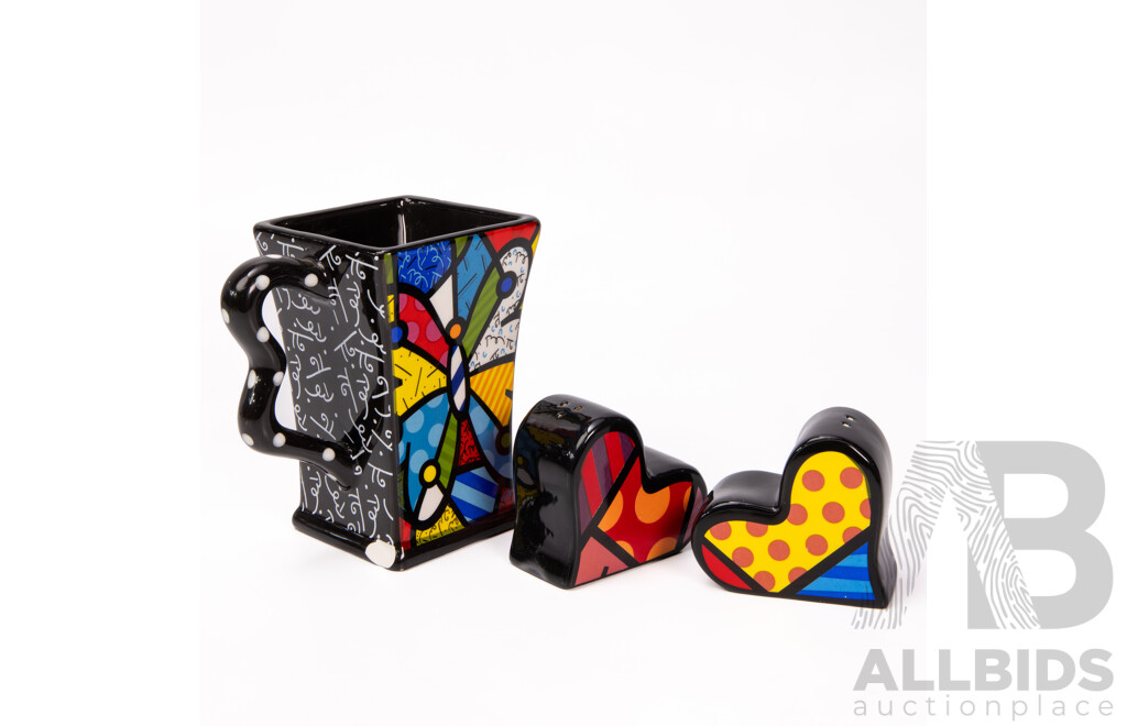 Pair of Britto Heart Shaped Salt and Pepper Shakers and a Britto Coffee Mug