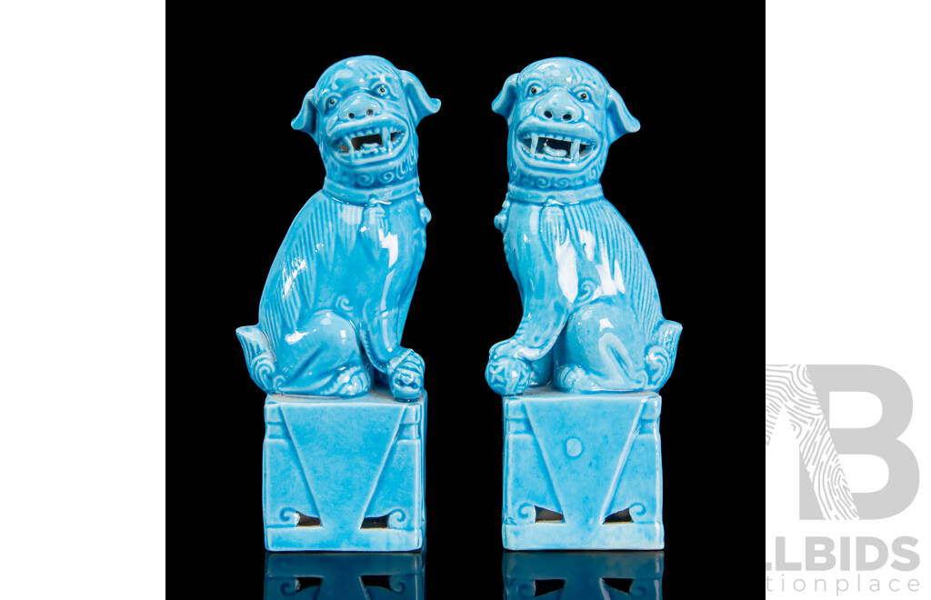 Vintage Chinese Ceramic Temple Dogs with Vibrant Turquoise Glaze
