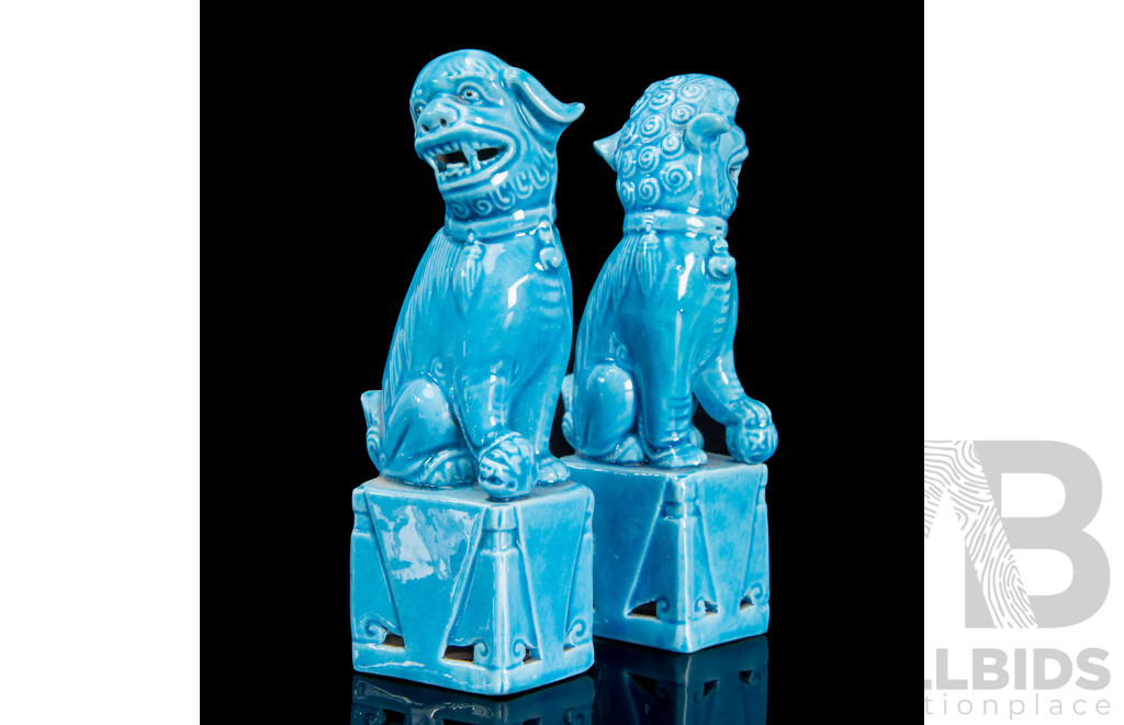 Vintage Chinese Ceramic Temple Dogs with Vibrant Turquoise Glaze