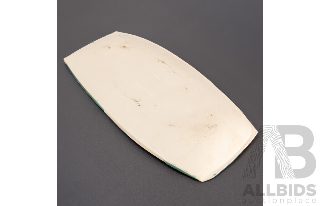 Vintage Japanese Glazed Ceramic Plate with Incised Wave Pattern