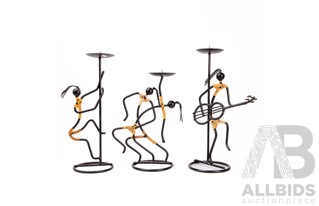 Set of Three Mid Century Laurids Lonborg Denmarl Wrought Iron and Rattan Musician Candlesticks