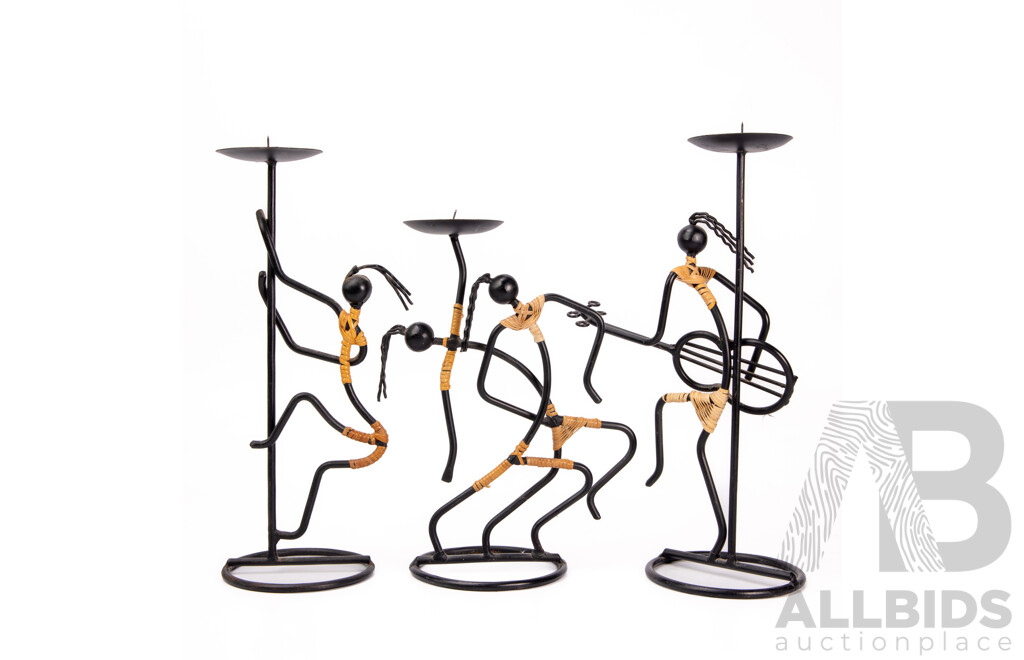 Set of Three Mid Century Laurids Lonborg Denmarl Wrought Iron and Rattan Musician Candlesticks