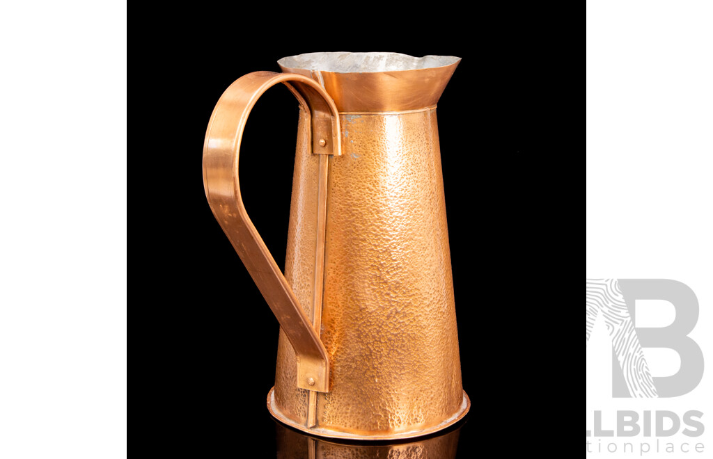 Vintage Arts and Crafts Style Large Copper Pitcher with Hammered Finish