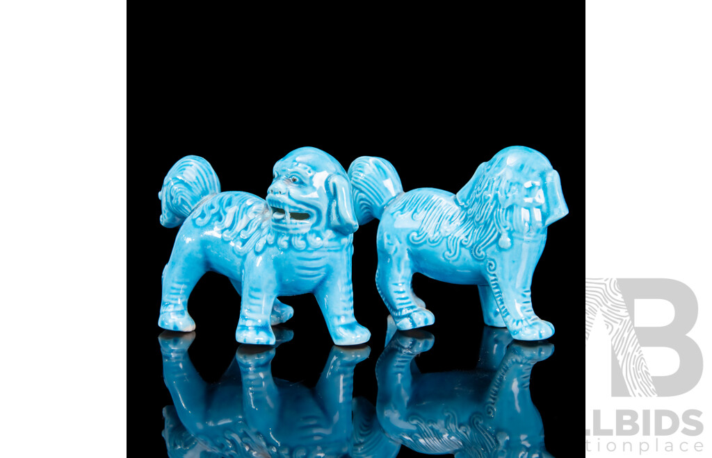 Vintage Chinese Ceramic Foo Dogs with Vibrant Turquoise Glaze