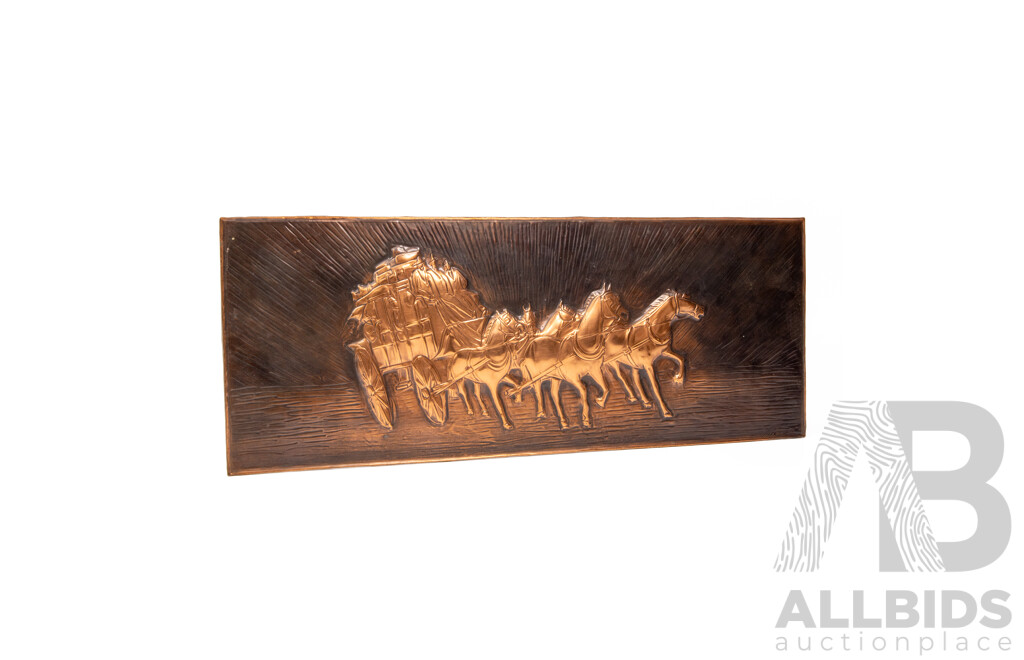 Mid Century Will Ponweiser Copper Wall Plaque Depicting a Carriage and Horses