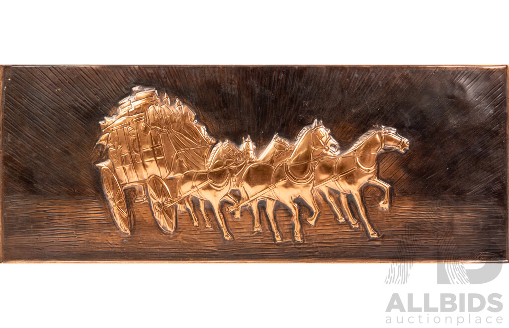 Mid Century Will Ponweiser Copper Wall Plaque Depicting a Carriage and Horses
