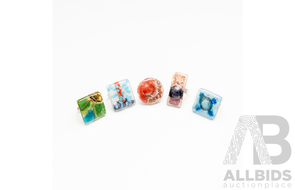 Set of Five Funky Art Glass Rings