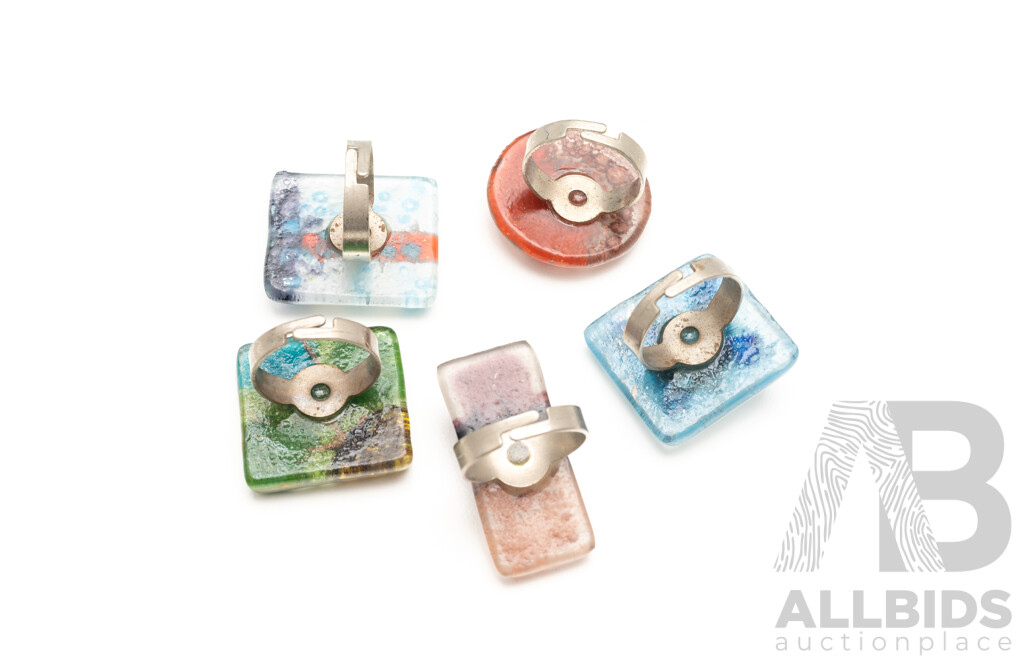 Set of Five Funky Art Glass Rings