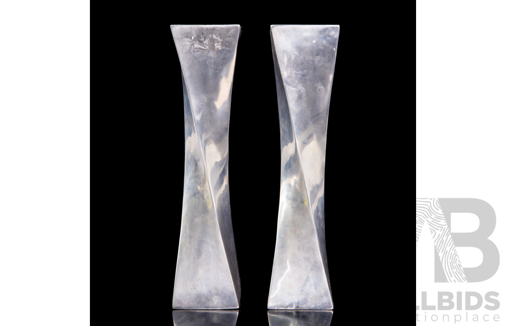 Pair of Modernist Twisted Chrome Tall Candlesticks