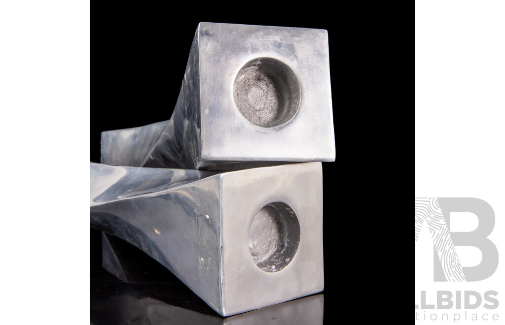 Pair of Modernist Twisted Chrome Tall Candlesticks