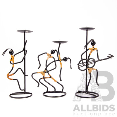 Set of Three Mid Century Laurids Lonborg Denmarl Wrought Iron and Rattan Musician Candlesticks