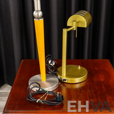 Gold Desk Lamp with Articulated Arm and Timber Example