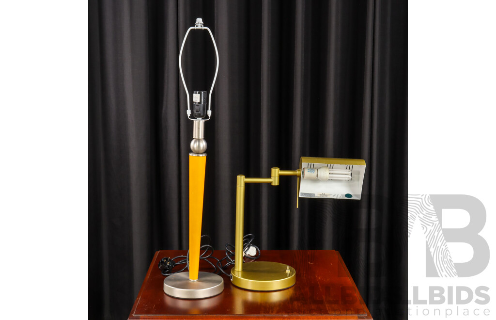 Gold Desk Lamp with Articulated Arm and Timber Example