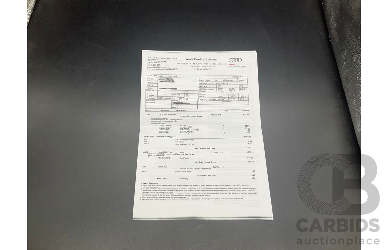 02/2016 Audi S4 3.0 TFSI Quattro Avant (AWD) B8 (8K) MY16 4D Wagon Daytona Grey Pearl Supercharged V6 3.0L