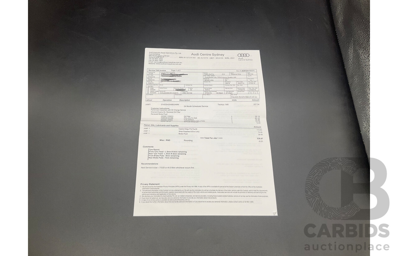 02/2016 Audi S4 3.0 TFSI Quattro Avant (AWD) B8 (8K) MY16 4D Wagon Daytona Grey Pearl Supercharged V6 3.0L