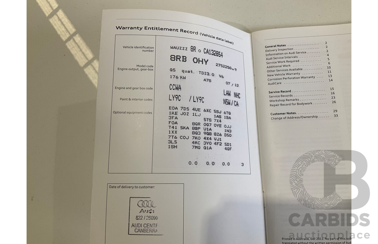 7/2012 Audi Q5 3.0 TDI Quattro 8R MY13 4d Wagon Ibis White Turbo Diesel V6 3.0L