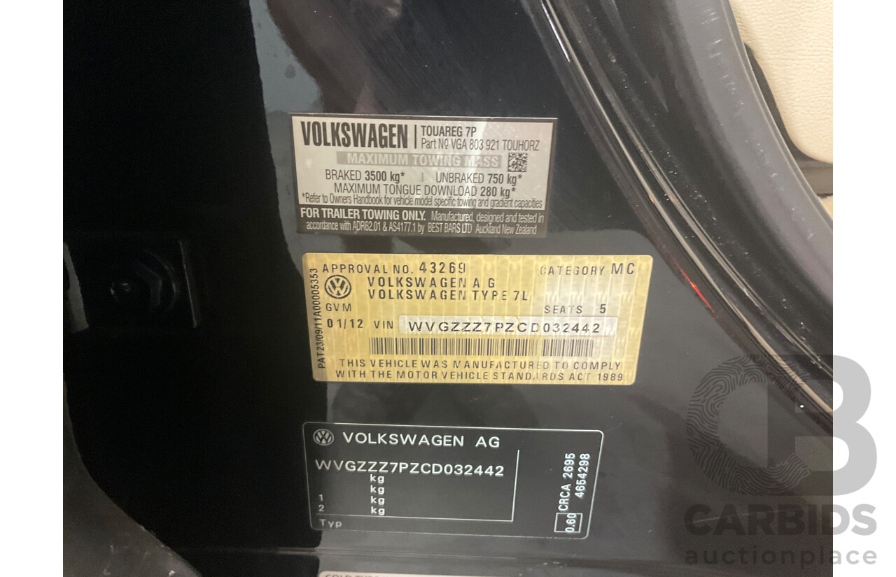 1/2012 Volkswagen Touareg V6 TDI 7P MY12 4d Wagon Deep Black Pearl Turbo Diesel V6 3.0L