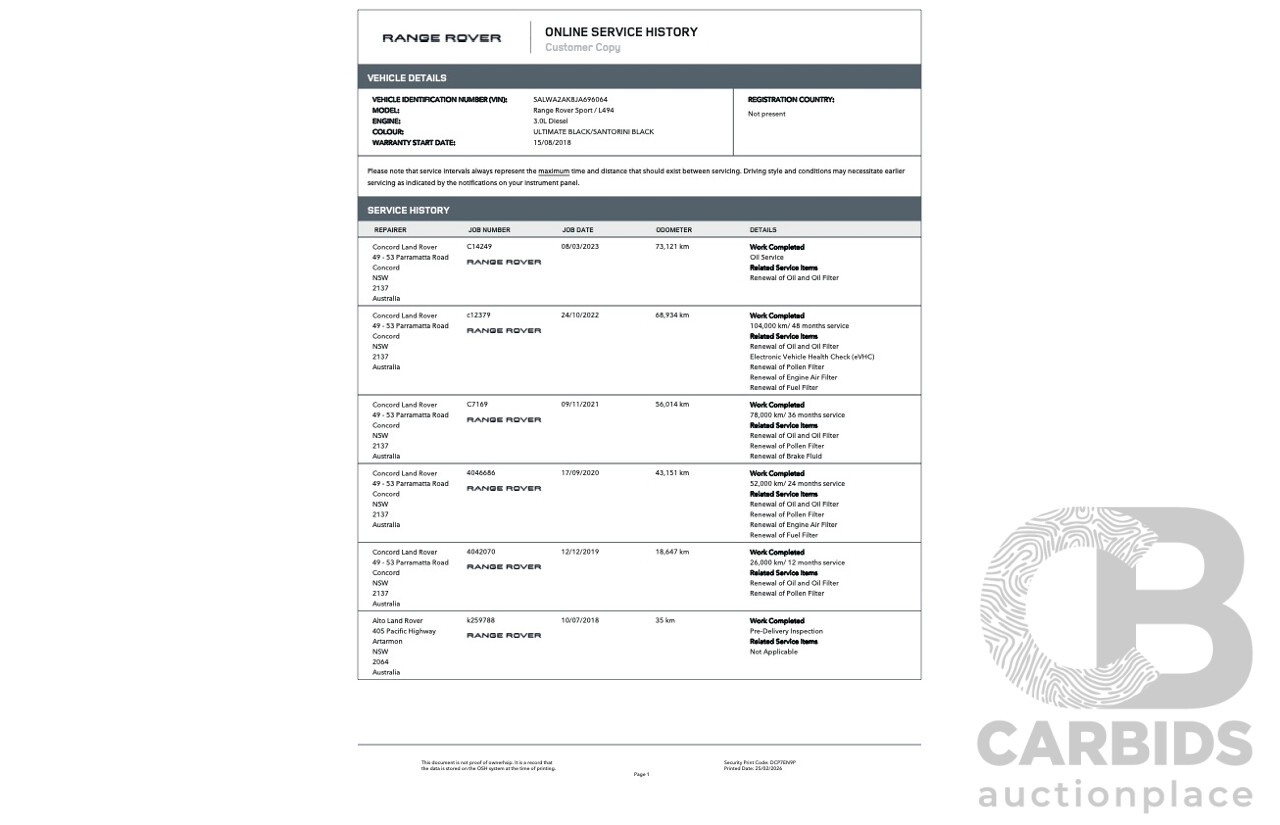 06/2018 Land Rover Range Rover Sport SDV6 SE (225kW AWD) LW MY18 4d Wagon Santorini Black Metallic Turbo Diesel V6 3.0L