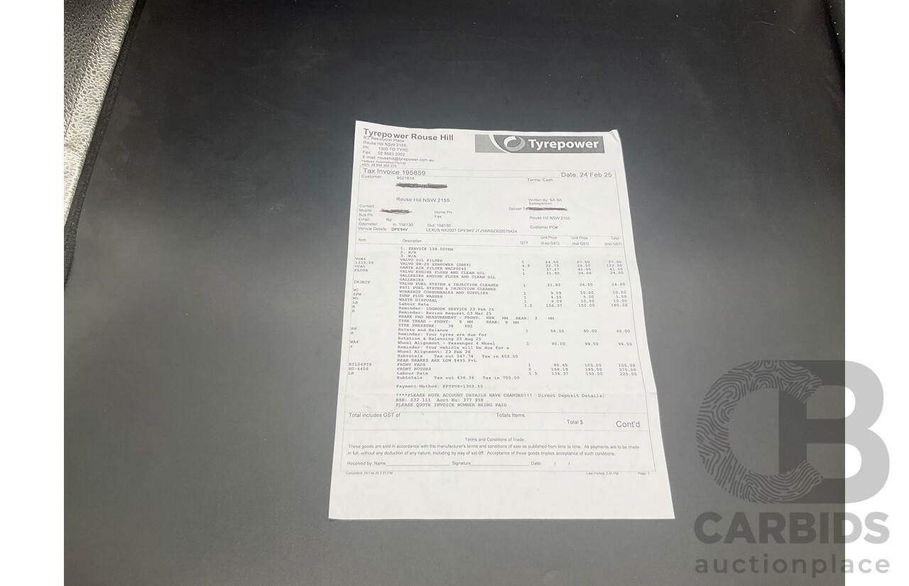 06/2017 Lexus NX200t Luxury (FWD) AGZ10R 4d Wagon Obsidian Black Turbo 2.0L