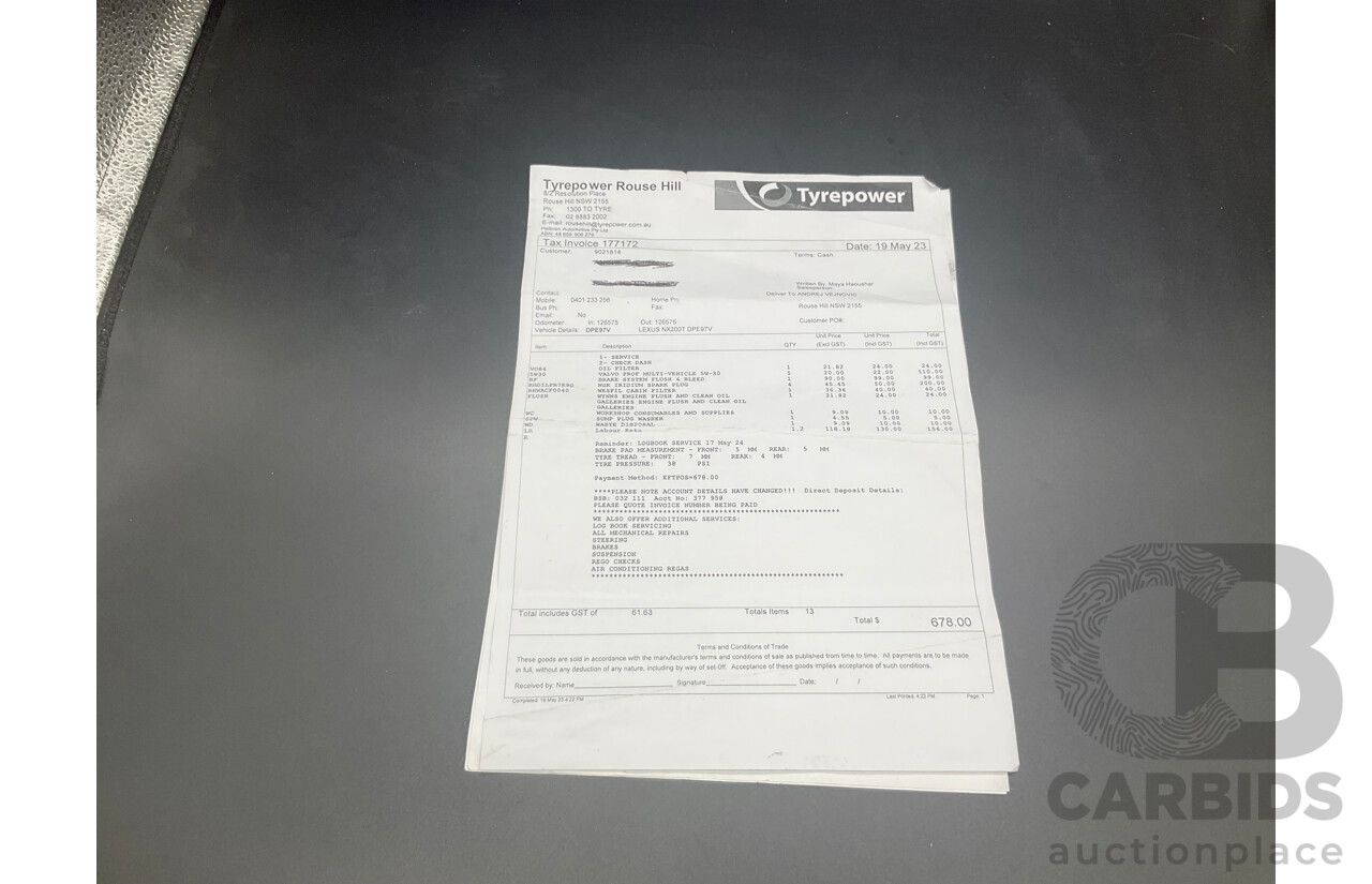 06/2017 Lexus NX200t Luxury (FWD) AGZ10R 4d Wagon Obsidian Black Turbo 2.0L