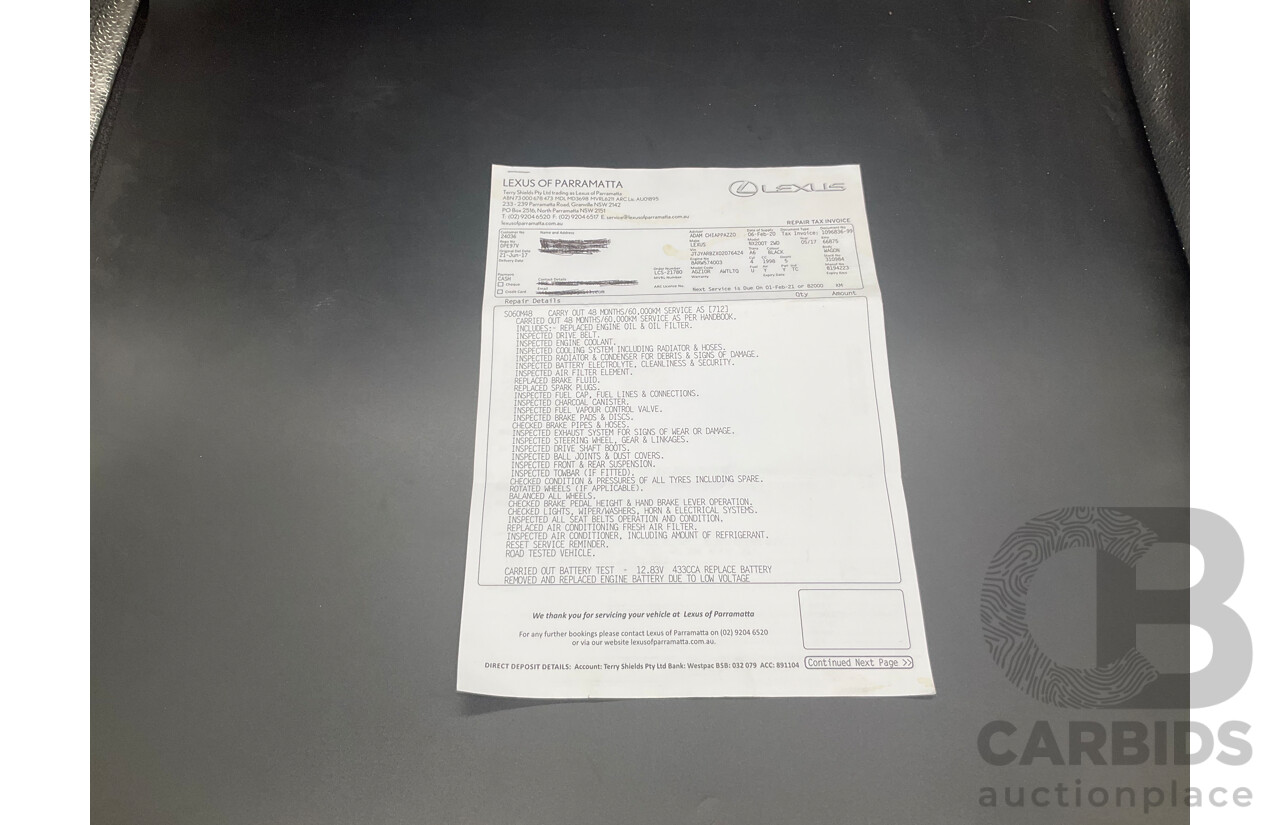 06/2017 Lexus NX200t Luxury (FWD) AGZ10R 4d Wagon Obsidian Black Turbo 2.0L