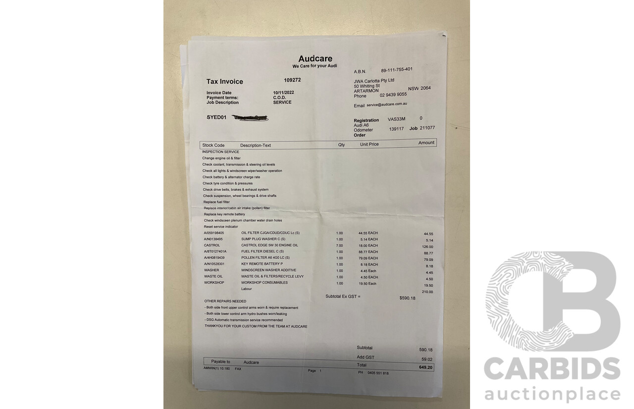 6/2012 Audi A6 S-Line 3.0 TDi Quattro 4GL 4d Sedan Ibis White Turbo Diesel V6 3.0L