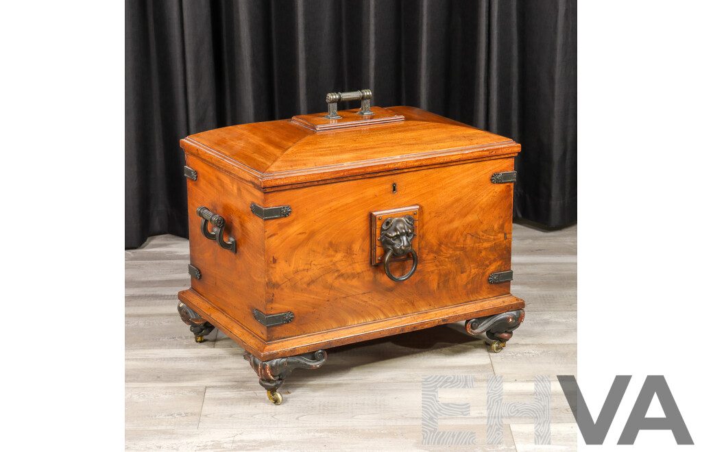 Mid Victorian Elm and Brass Bound Cellarette with Lion Mask Handles and Lead Lined Interior