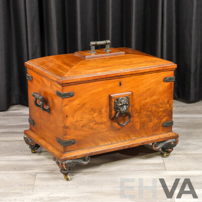 Mid Victorian Elm and Brass Bound Cellarette with Lion Mask Handles and Lead Lined Interior
